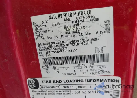 2010 Ford F-150 Fx4/Harley-Davidson/King Ranch/Lariat/Platinum/Xl/Xlt z USA, uszkodzony, nr VIN 1FTFW1EV9AFD51135